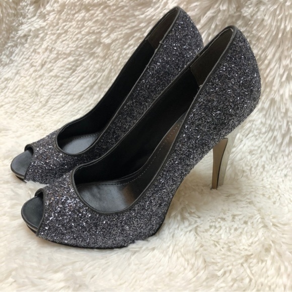 Nine West Silver Glitter Peep Toe Mirror Effect High Heels, 9 - Picture 3 of 11